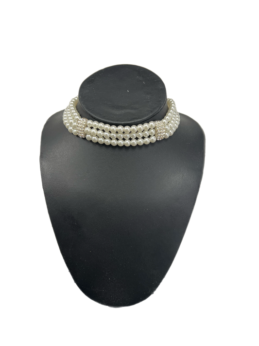 Three Strand Pearl Choker With Crystal