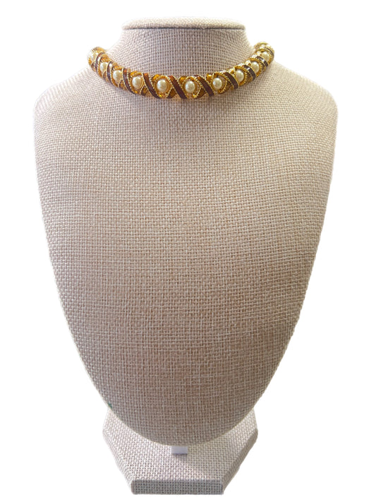 Vintage Pearl and Brown Enamel Choker