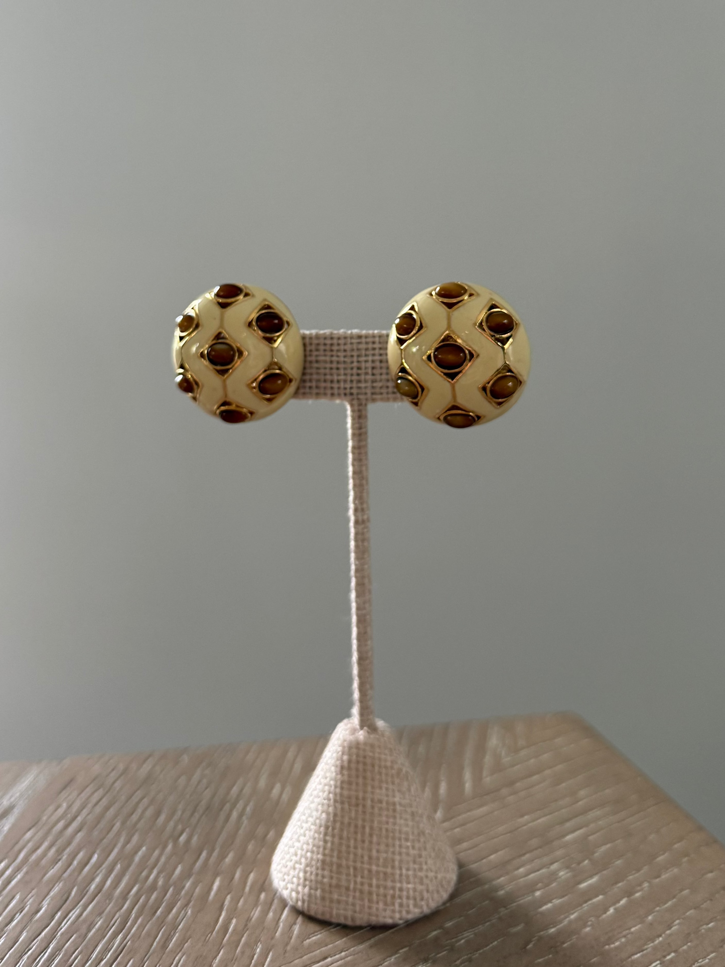 Vintage Ciner White Enamel & Tigers Eye Earrings