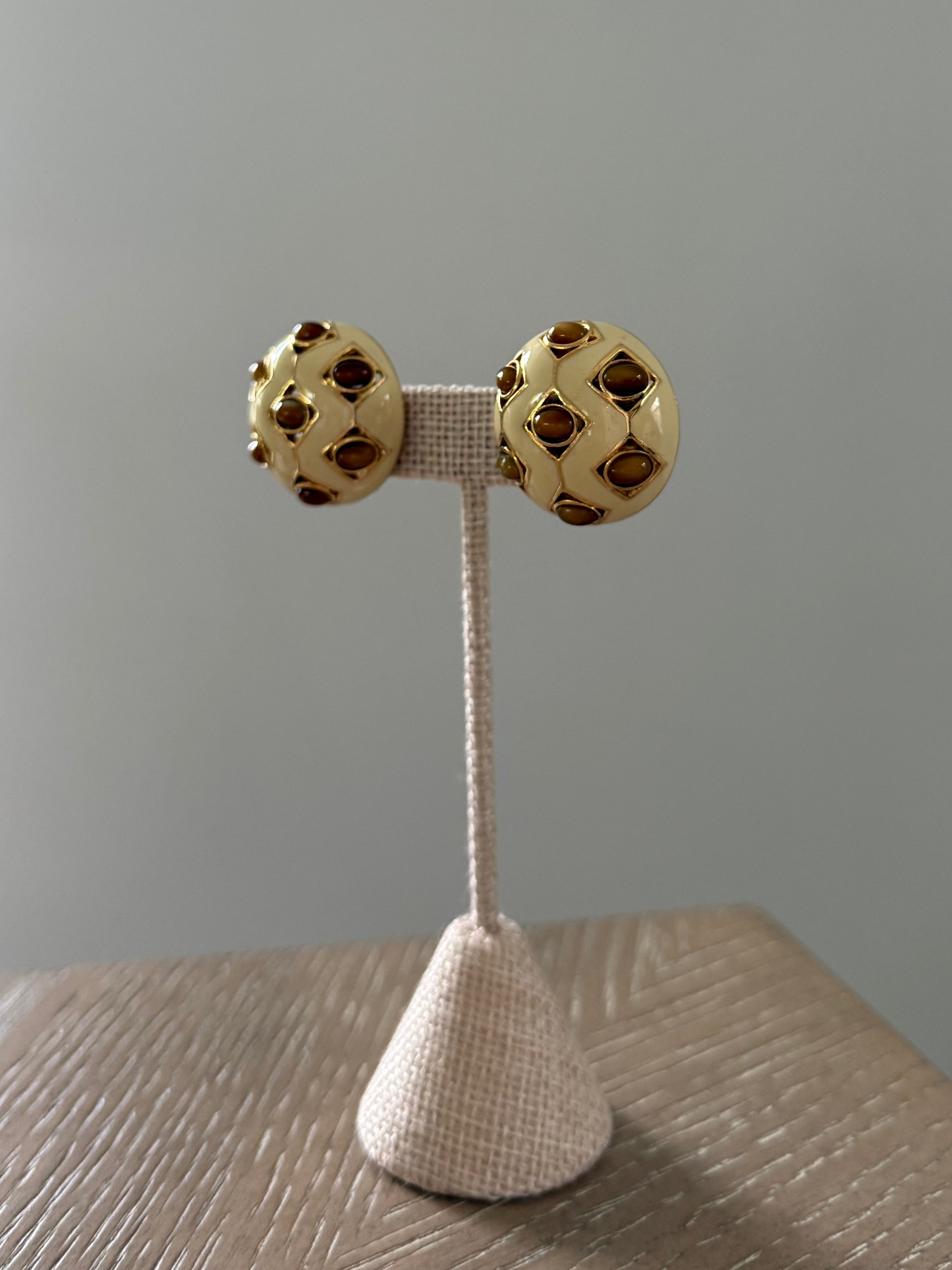 Vintage Ciner White Enamel & Tigers Eye Earrings
