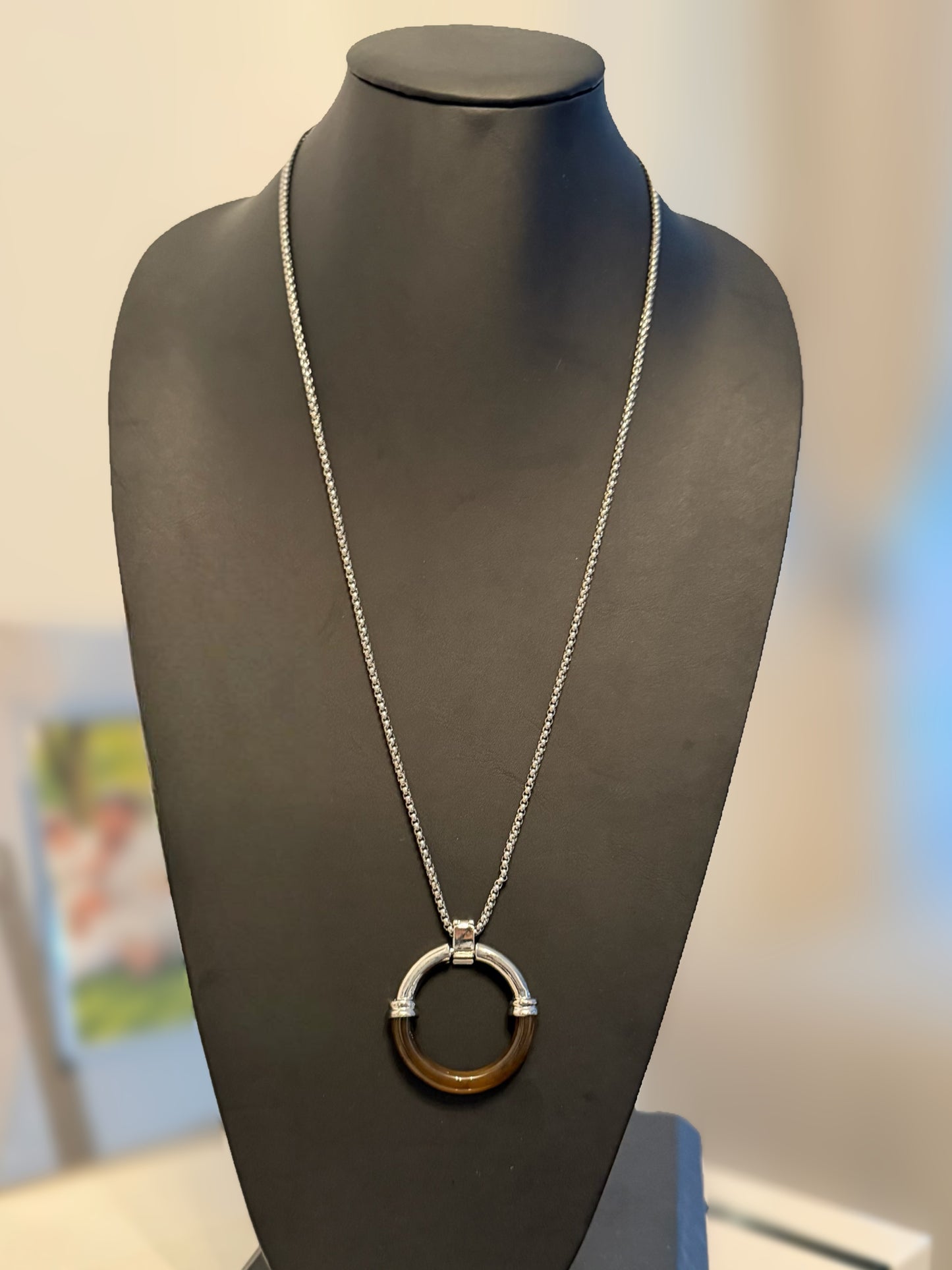 Silver and Brown Circle Pendant Necklace