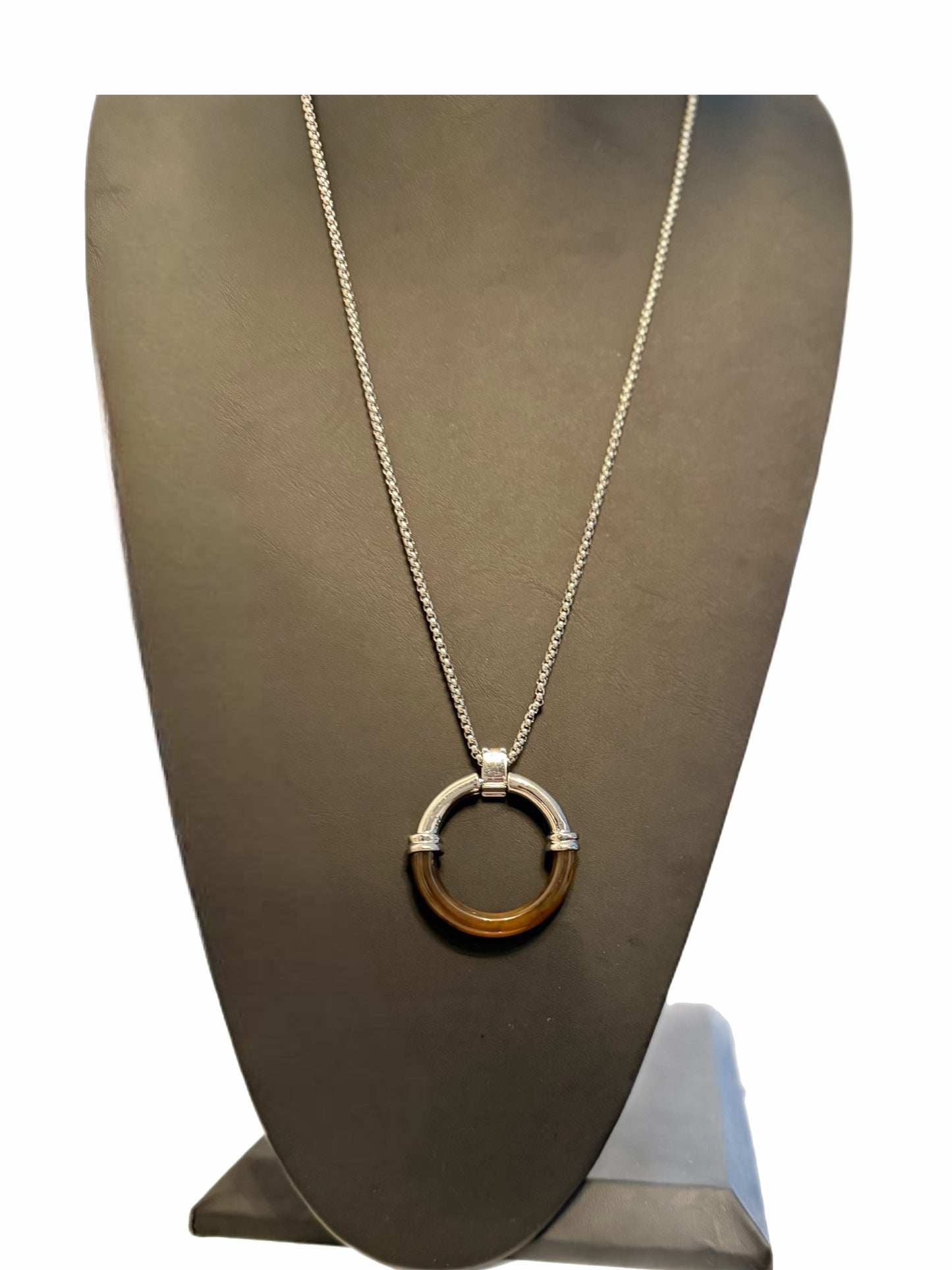 Silver and Brown Circle Pendant Necklace