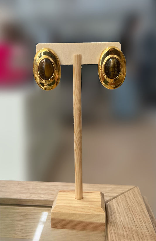 Oval Tigers Eye and Gold Earrings