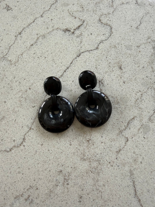 Danish Designer Black Marbleized Resin & Leather Pierced Earrings