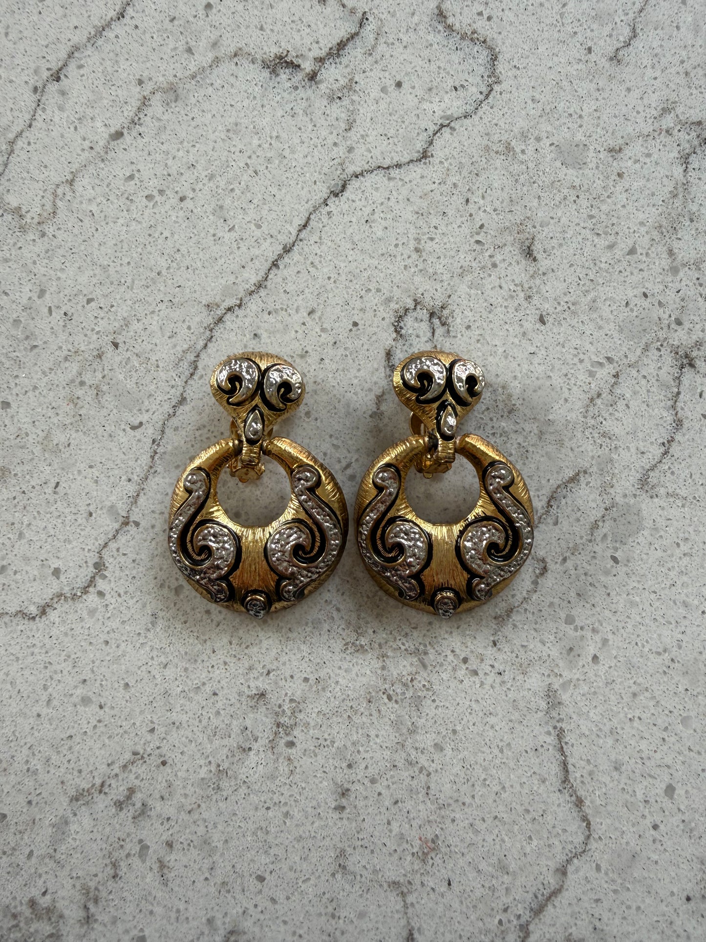 Vintage  Large Gold Silver And Black  Modern Doorknocker Runway Clip Earrings
