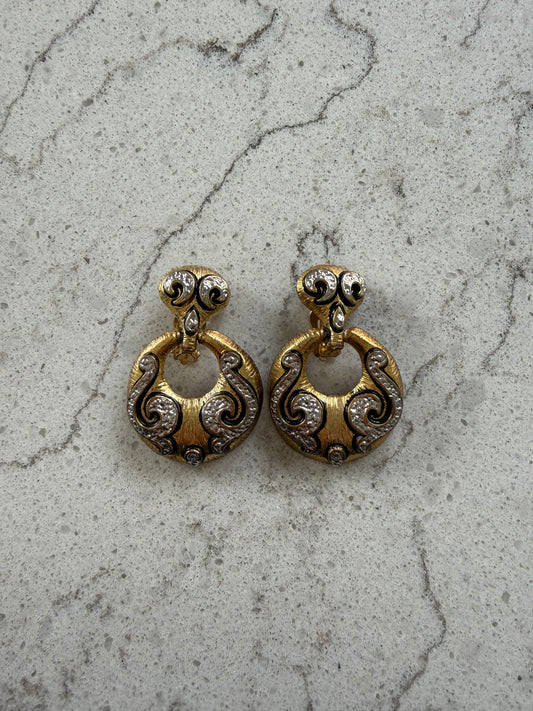 Vintage  Large Gold Silver And Black  Modern Doorknocker Runway Clip Earrings