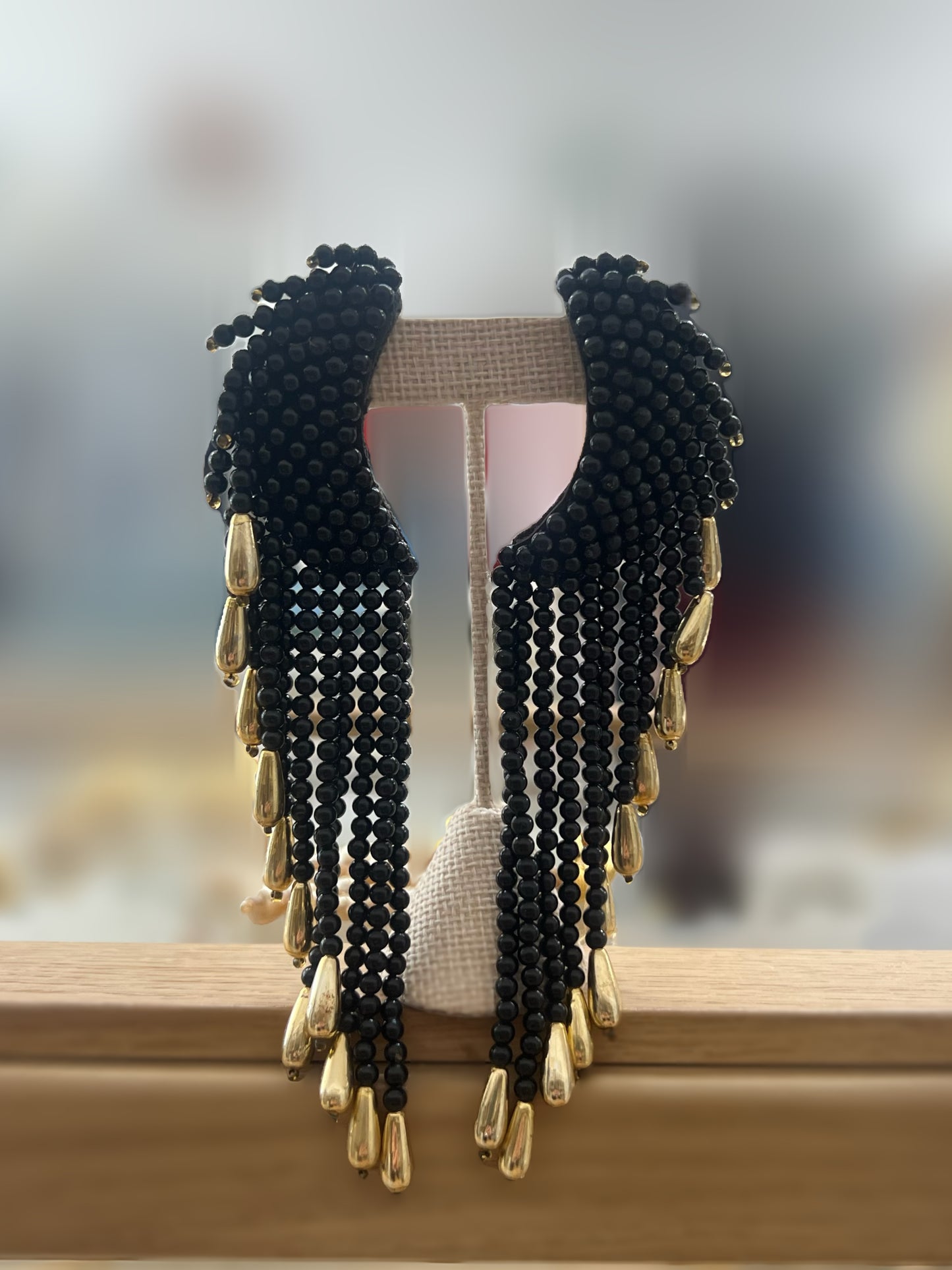 Black Beaded With Gold End Earrings