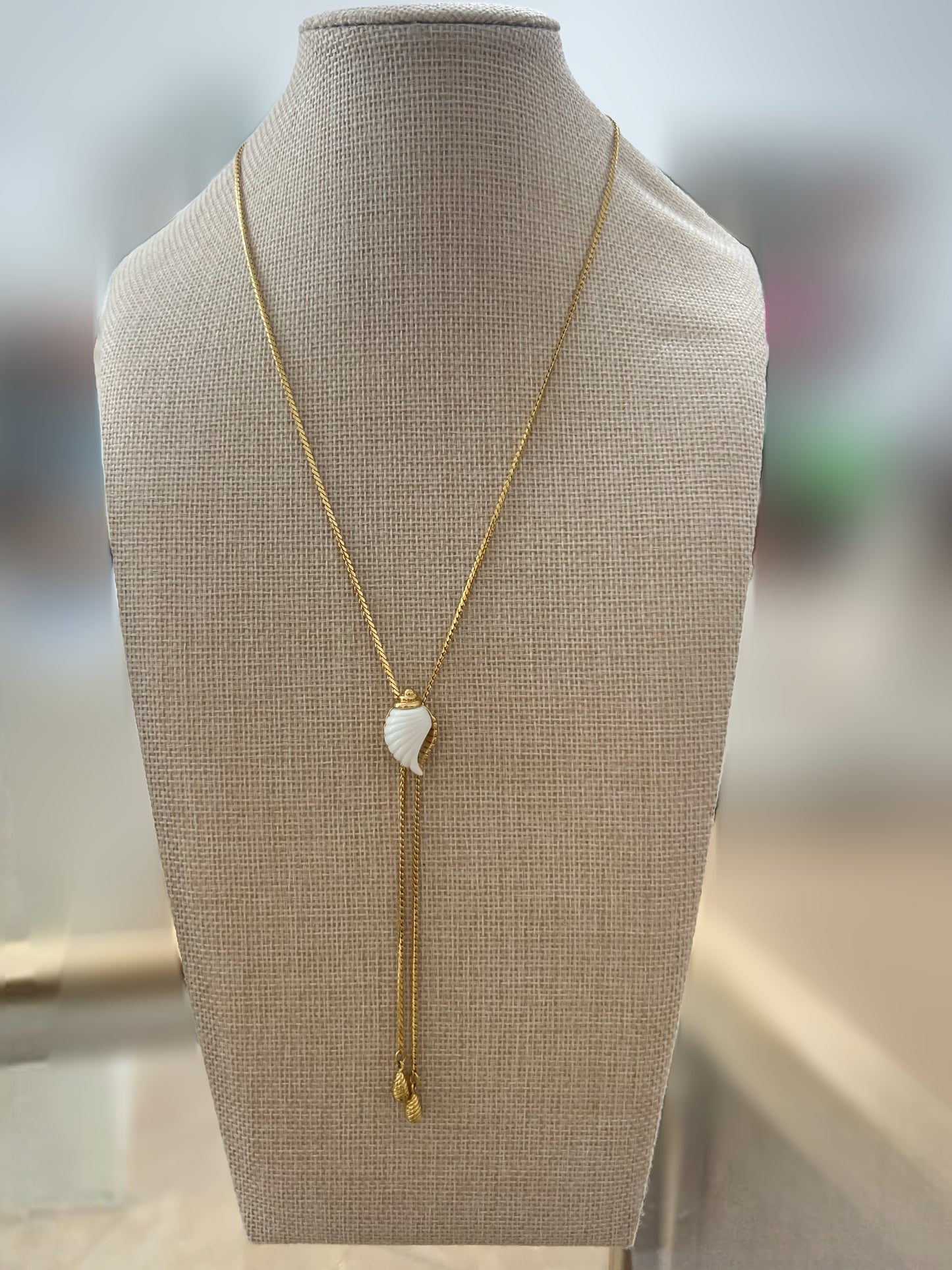 Vintage Gold & White Seashell Lariat Necklace