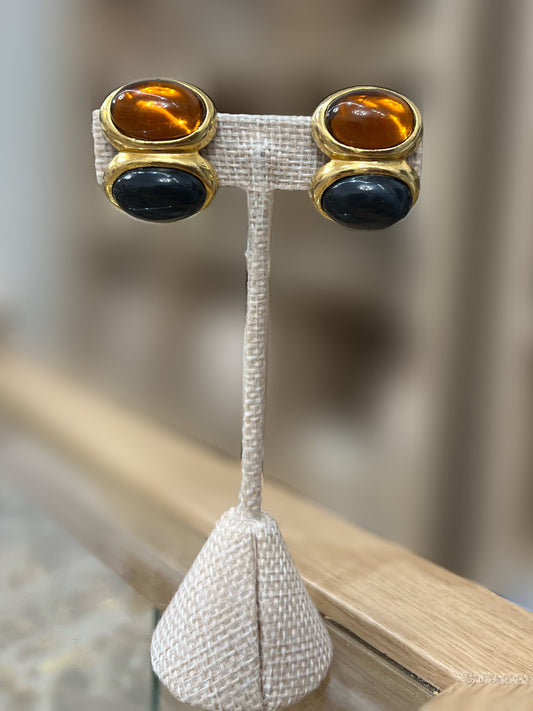 Amber And Black Puff Gold Earrings