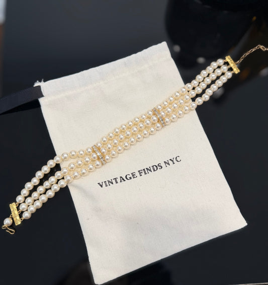 Vintage Three Strand Pearl Choker Necklace with Rhinestones