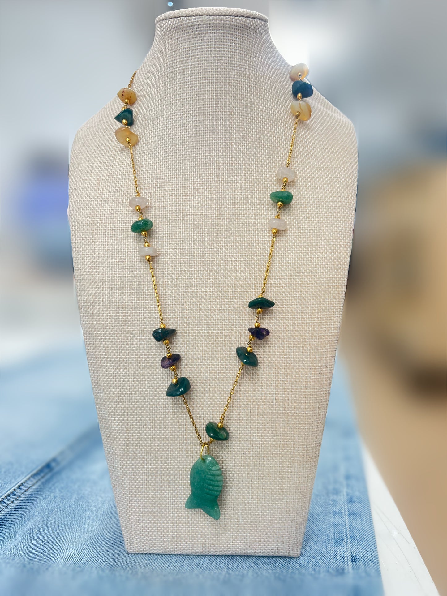 Beaded Gold and Green Fish Necklace