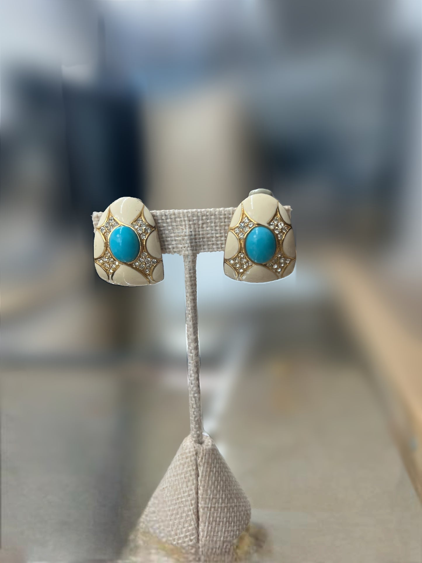 Vintage Ciner Turquoise Rhinestone And White Enamel Earrings