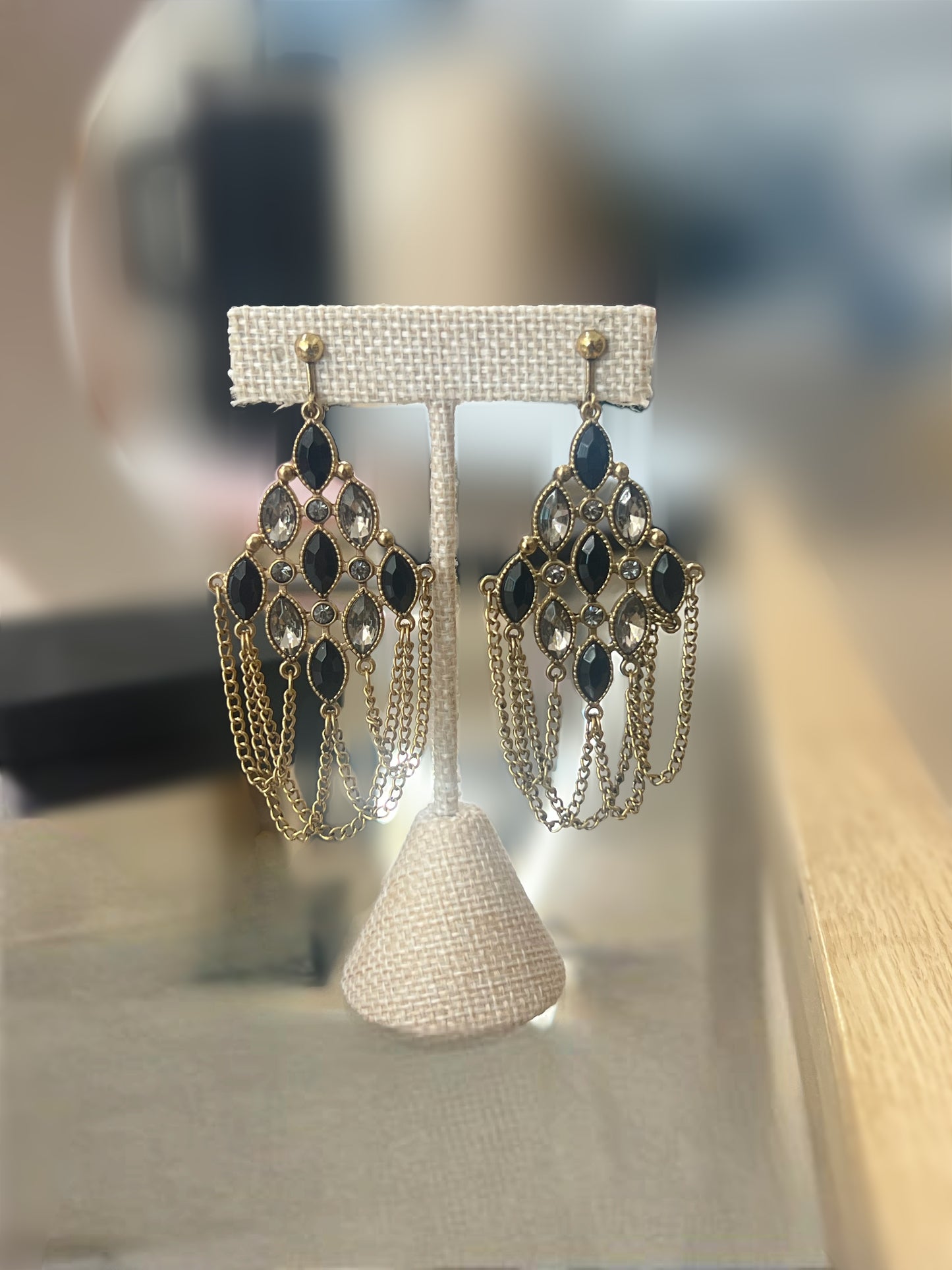 Vintage Long Black And Clear Rhinestone Earrings