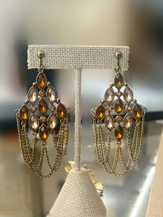 Vintage Long Chain Rhinestone Chandelier Earrings