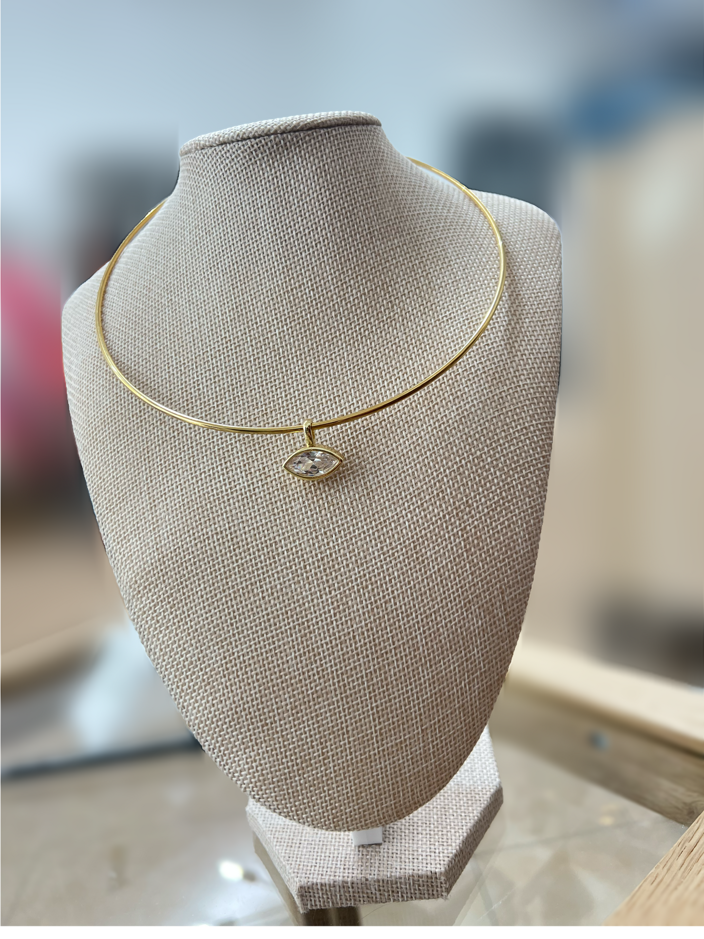 Bezeled Marquee Diamond Pendant On Gold Necklace