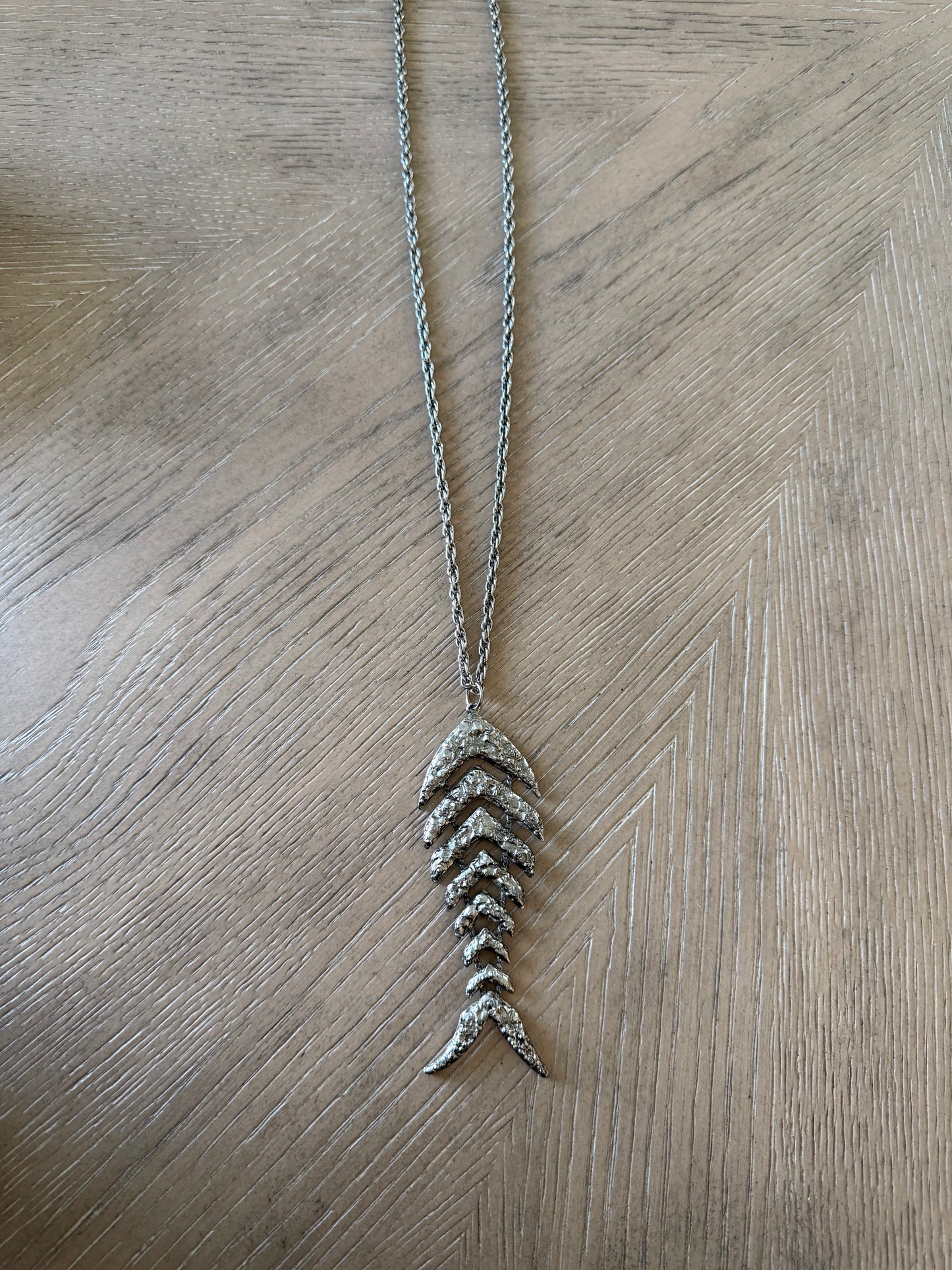 Silver Textured Fishbone Statement Pendant Necklace