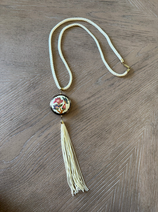 Creme Tassel Necklace With Flower Detail