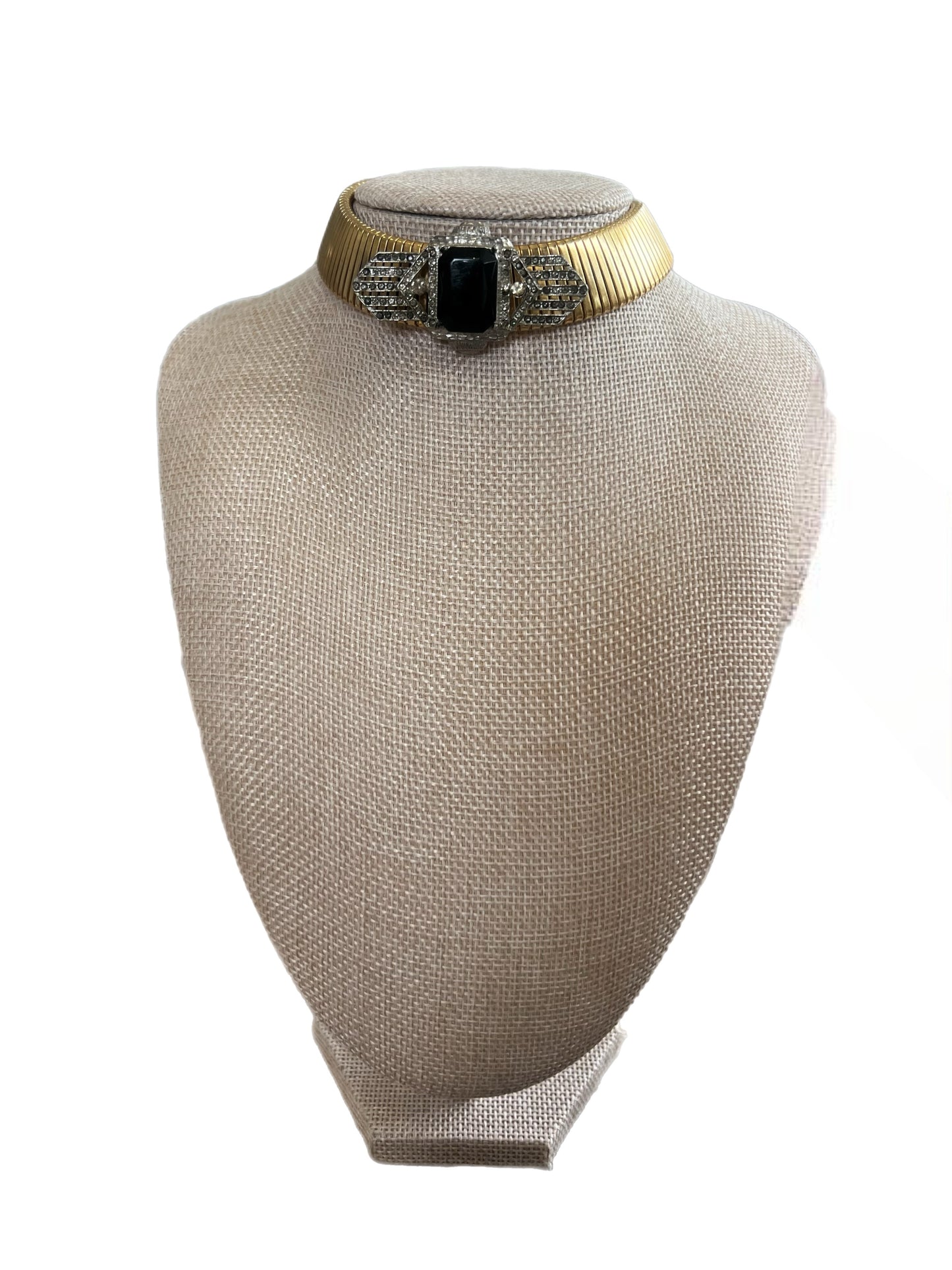 Gold Omega Collar Necklace With Black & Crystal